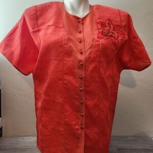 Vintage Suzelle Orange Top Size 12 Linen Silk Embroidered Floral Button Perforat